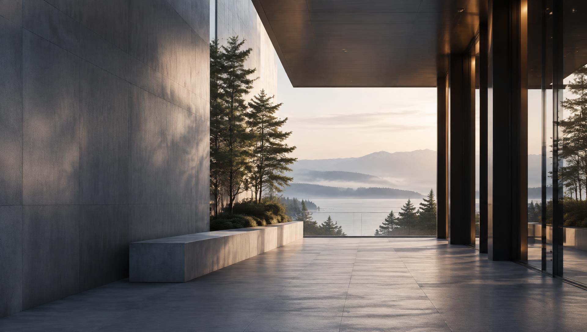 A quiet modern passage opening toward a Northwest horizon